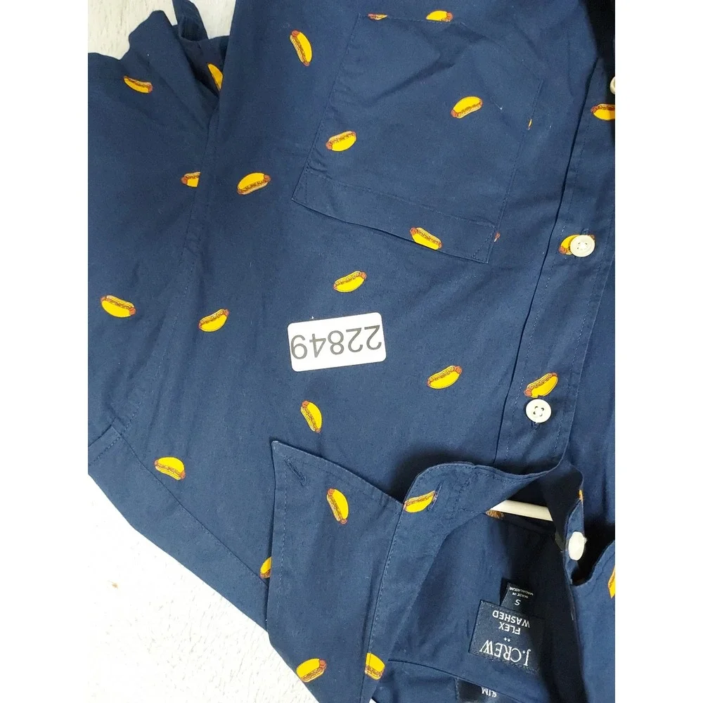 J Crew Shirt Mens Small Slim Flex Washed Hot Dog Print Short Sleeve Blue Novelty
